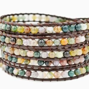 Bracelet Agate Indienne Billes 4 mm & Cuir