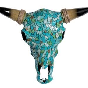 Crâne de vache turquoise orné de pierres – Décoration murale Far West
