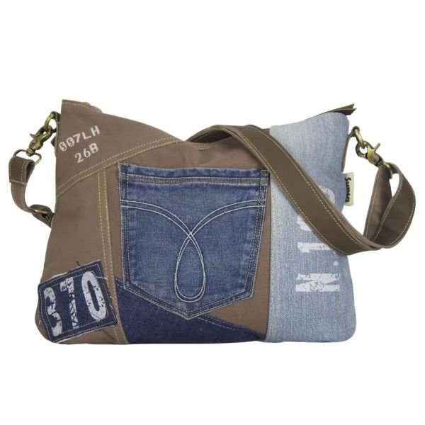 Sac bandoulière durable pour femme Sunsa en jeans recyclé marron et bleu jean