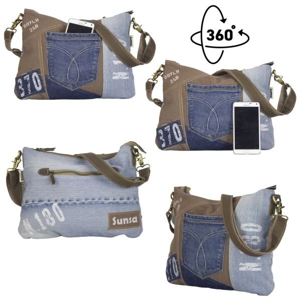 Sac bandoulière durable pour femme Sunsa en jeans recyclé marron et bleu jean – Image 4