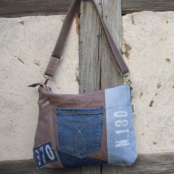 Sac bandoulière durable pour femme Sunsa en jeans recyclé marron et bleu jean – Image 2