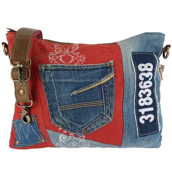 Sac épaule durable pour femme Sunsa en toile et jean recyclé rouge et jean