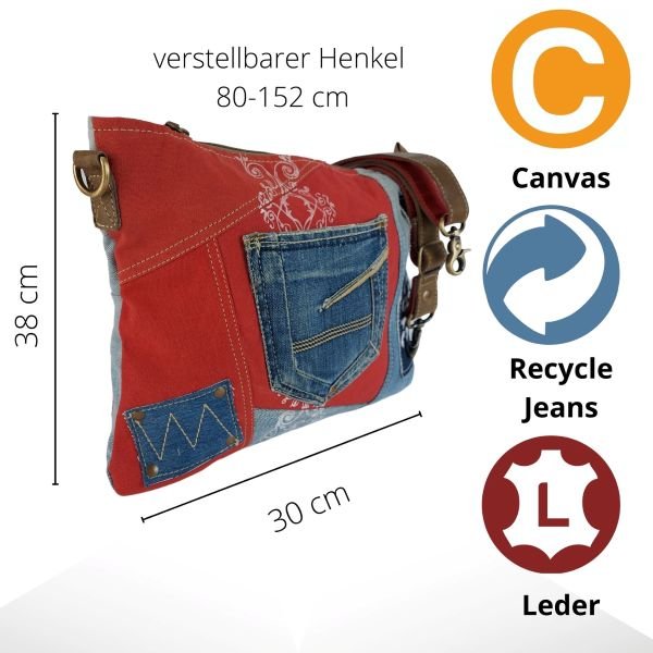 Sac épaule durable pour femme Sunsa en toile et jean recyclé rouge et jean – Image 2