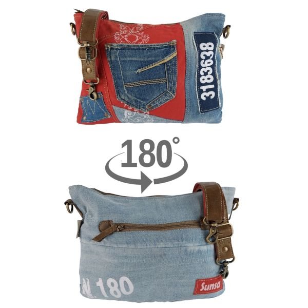 Sac épaule durable pour femme Sunsa en toile et jean recyclé rouge et jean – Image 3