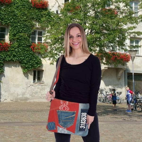 Sac épaule durable pour femme Sunsa en toile et jean recyclé rouge et jean – Image 5
